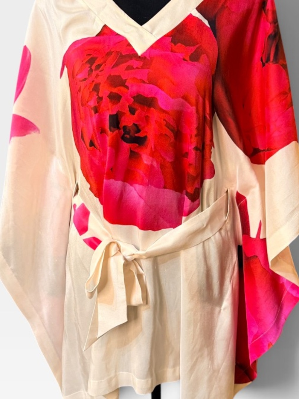 Jaeger London 100% Silk Floral Kaftan Tunic Dress V-Neck S/M